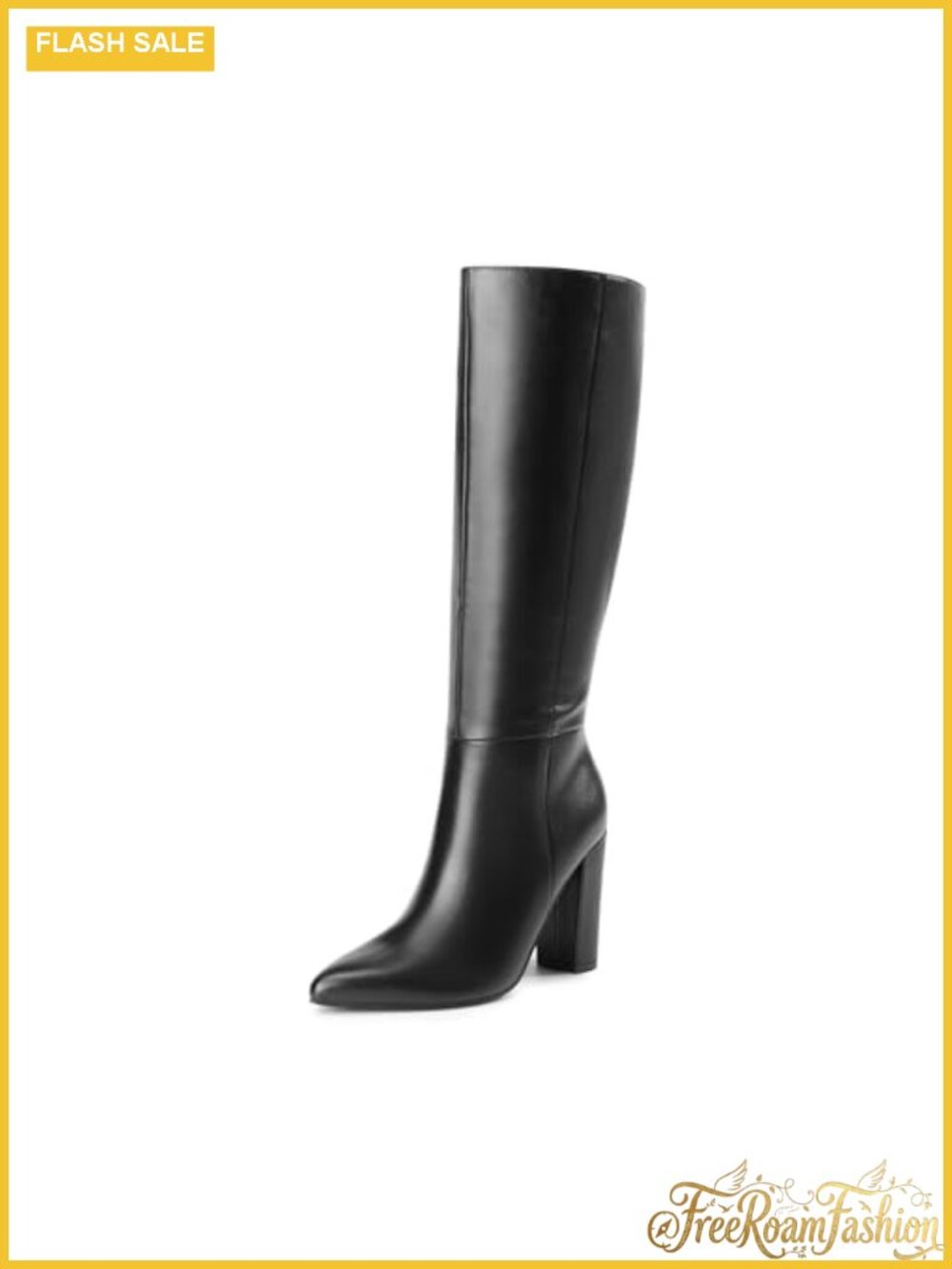 Knee High Boots Pointed Toe Faux Leather Block Heel Zip Up Tall Boots